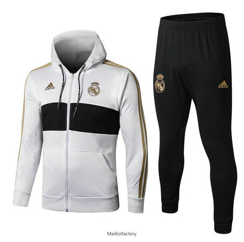 Soldes Veste Survetement Real Madrid 2019/20 Blanc/Noir a Capuche