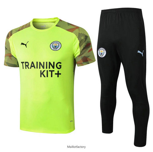 Pas cher Kit d'entrainement Maillot Manchester City 2019/20 Vert/Noir Col Rond