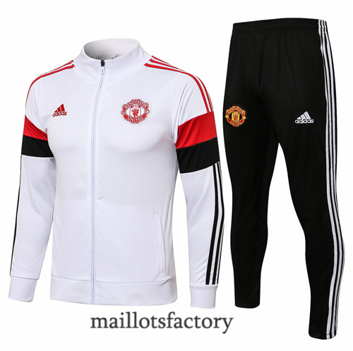 Achat Veste Survetement du Manchester United 2021/22 Blanc/Rouge/Noir Col Haut