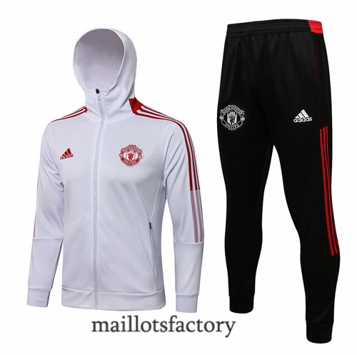 Achat Veste Survetement du Manchester United 2021/22 à Capuche Blanc/Rouge