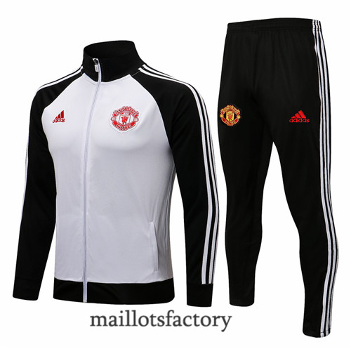 Achat Veste Survetement du Manchester United 2021/22 Blanc/Noir Col Haut