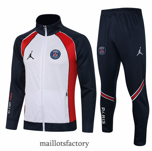 Grossiste Veste Survetement du foot Jordan PSG 2021/22 Blanc/Bleu Marine Col Haut