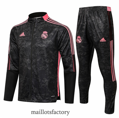 Grossiste Veste Survetement du foot Real Madrid 2021/22 Noir/Rouge Col Haut